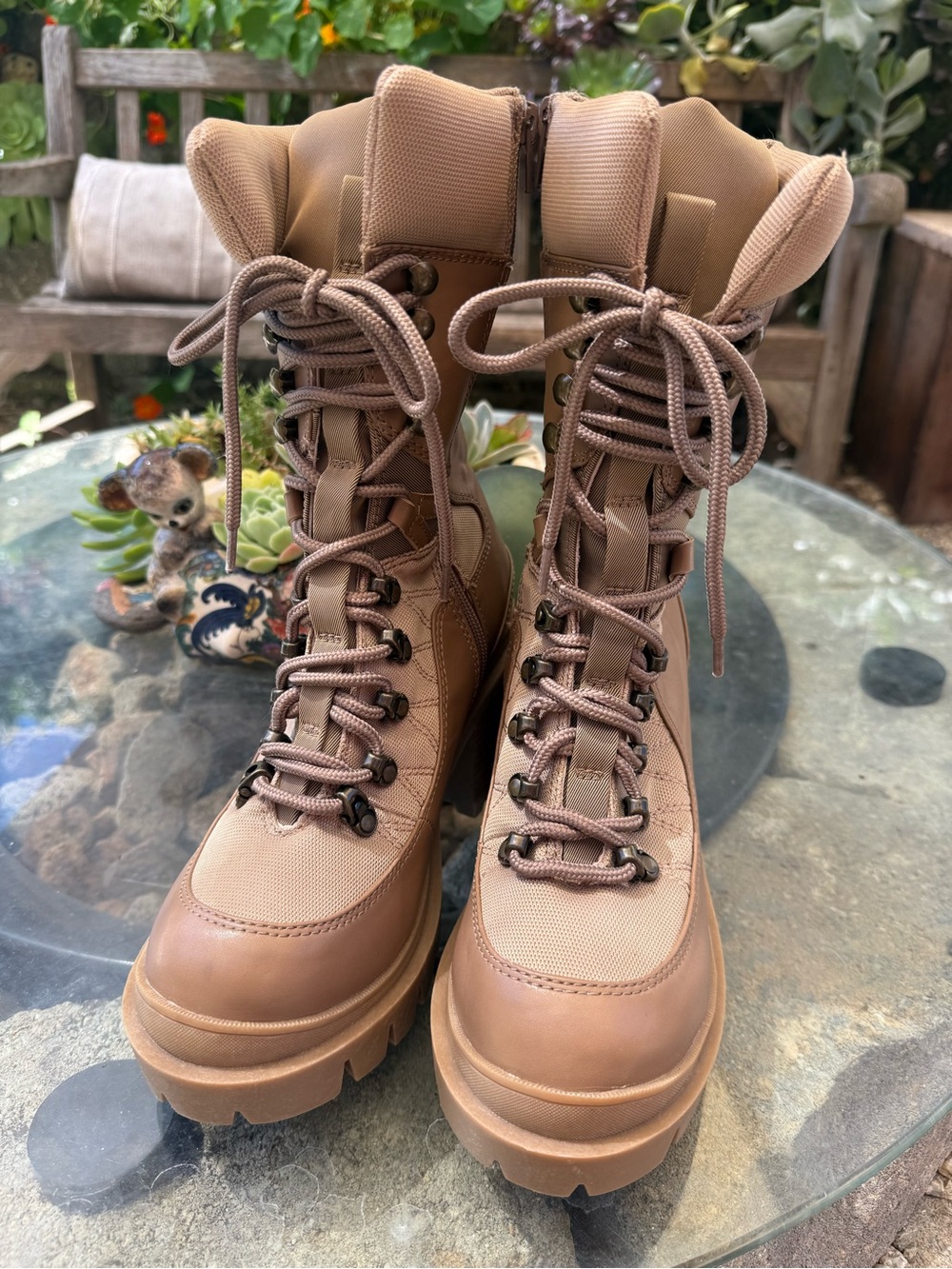 Jeffrey Campbell Tan Lace-Up Combat Boots with Lug Sole